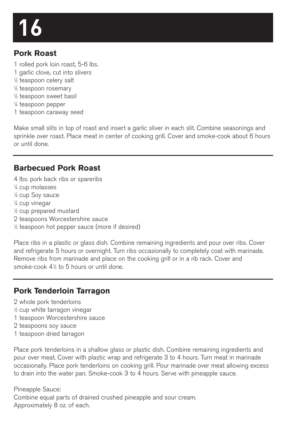 Pork roast, Barbecued pork roast, Pork tenderloin tarragon | weber SMOKEY MOUNTAIN COOKER 63230 User Manual | Page 16 / 28
