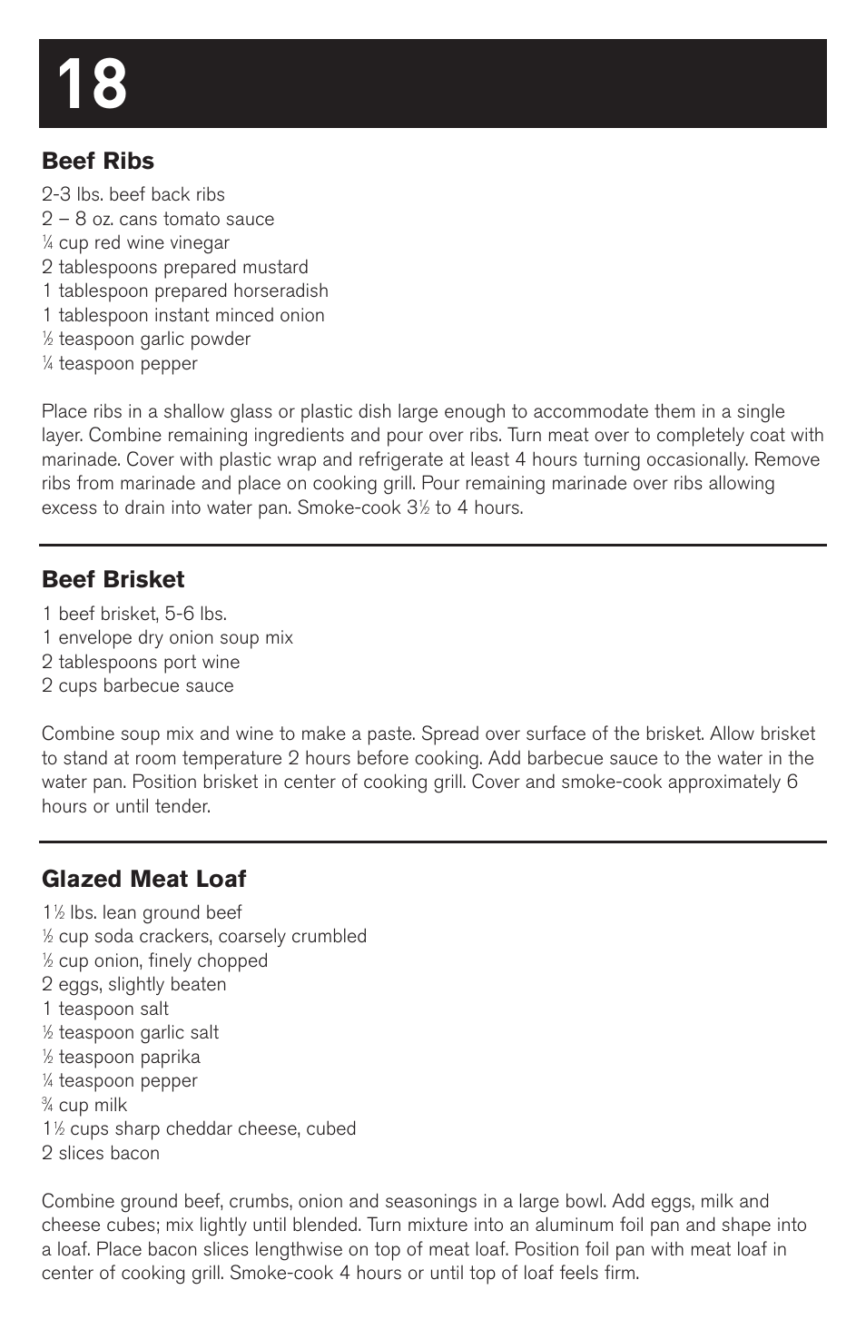 Beef ribs, Beef brisket, Glazed meat loaf | weber SMOKEY MOUNTAIN COOKER 63230 User Manual | Page 18 / 28