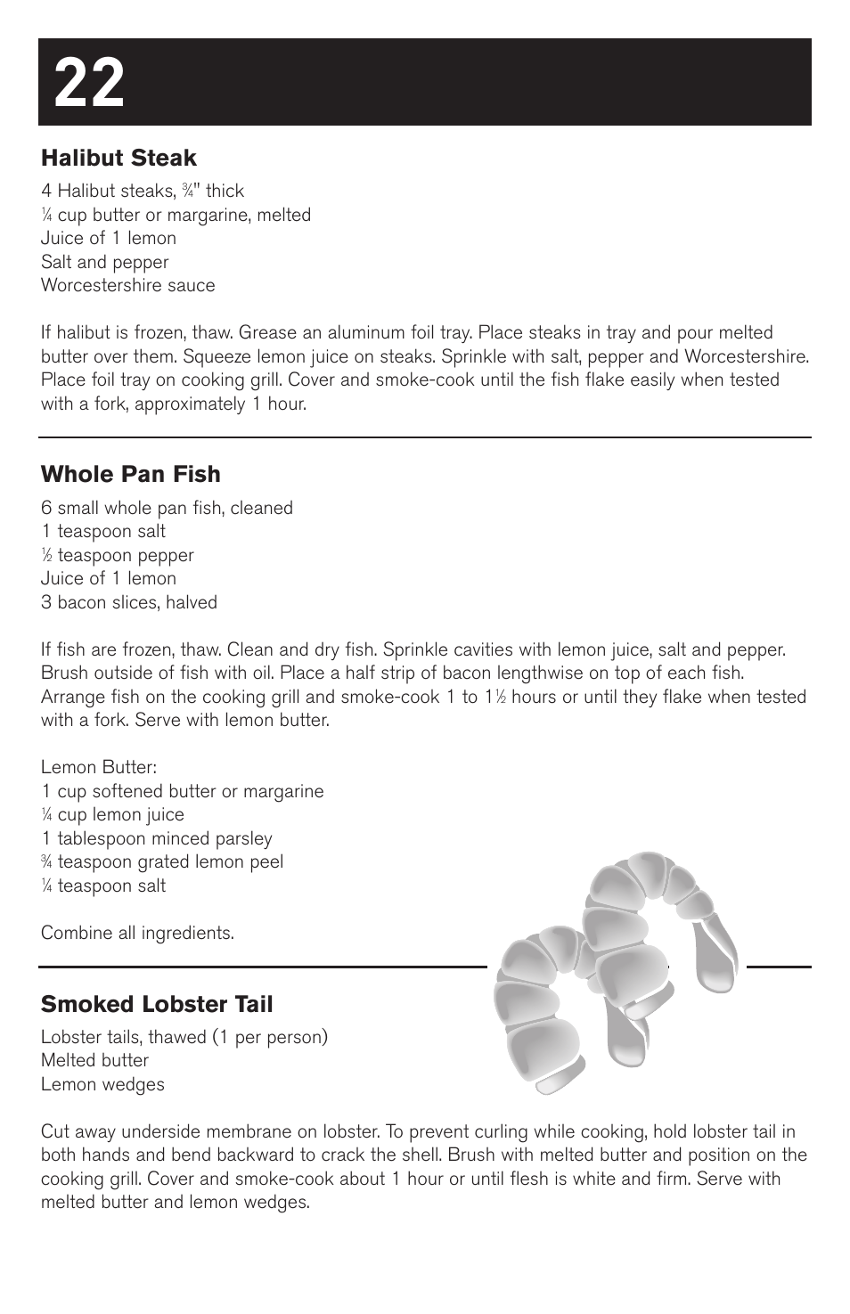 Halibut steak, Whole pan fish, Smoked lobster tail | weber SMOKEY MOUNTAIN COOKER 63230 User Manual | Page 22 / 28