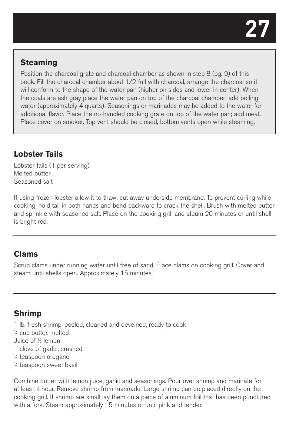 Steaming, Lobster tails, Clams | Shrimp | weber SMOKEY MOUNTAIN COOKER 63230 User Manual | Page 27 / 28