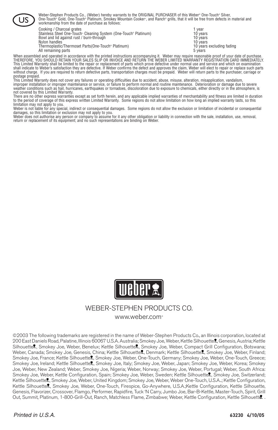 Printed in u.s.a | weber SMOKEY MOUNTAIN COOKER 63230 User Manual | Page 28 / 28