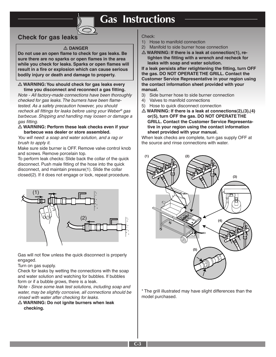 Gas instructions, Check for gas leaks | weber 55554 User Manual | Page 22 / 29