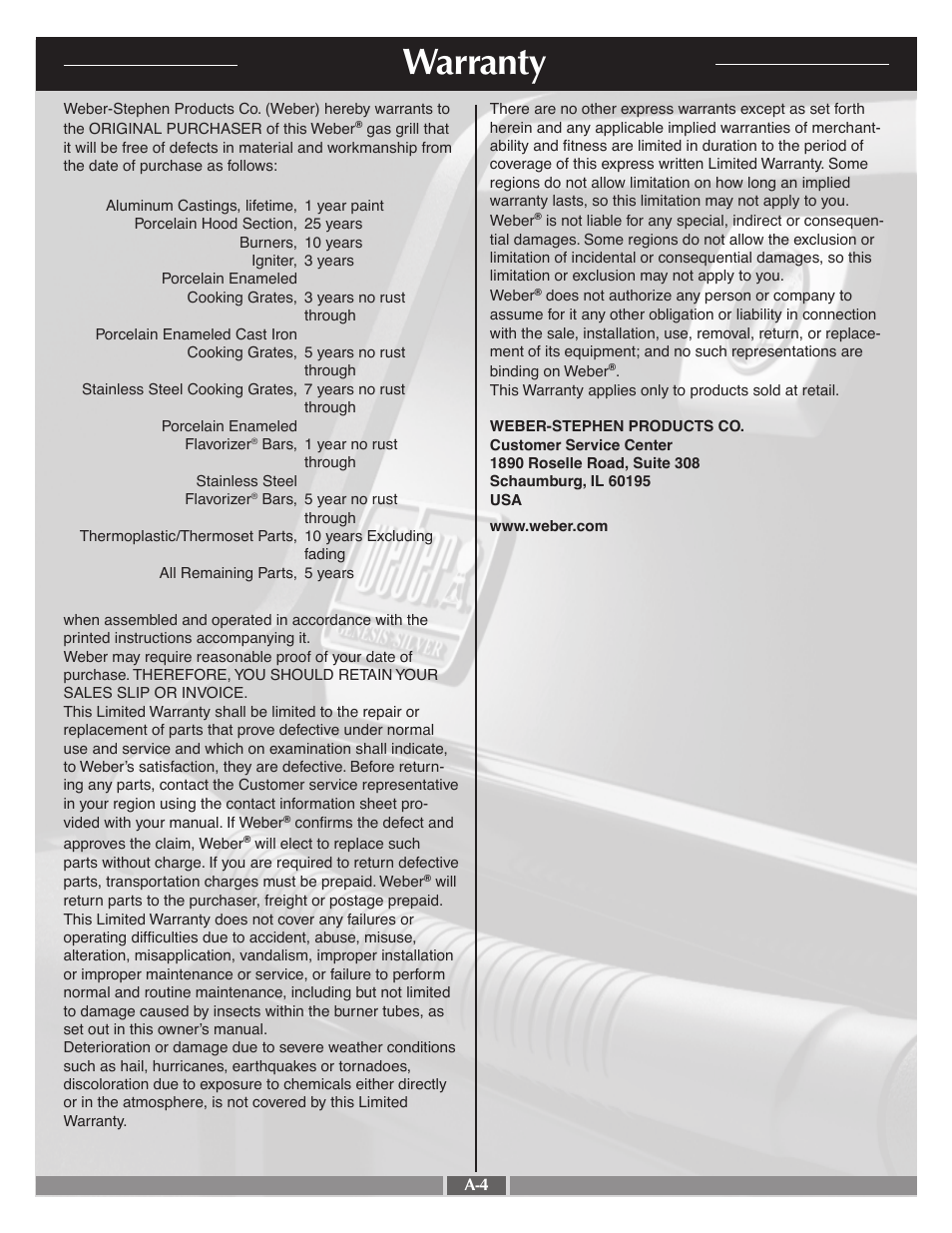 Warranty | weber 55554 User Manual | Page 4 / 29