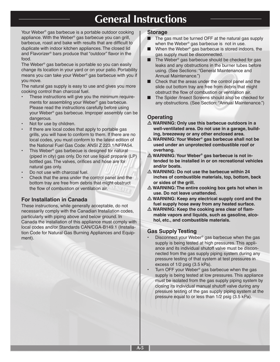 General instructions, For installation in canada, Operating | Gas supply testing, Storage | weber 55554 User Manual | Page 5 / 29