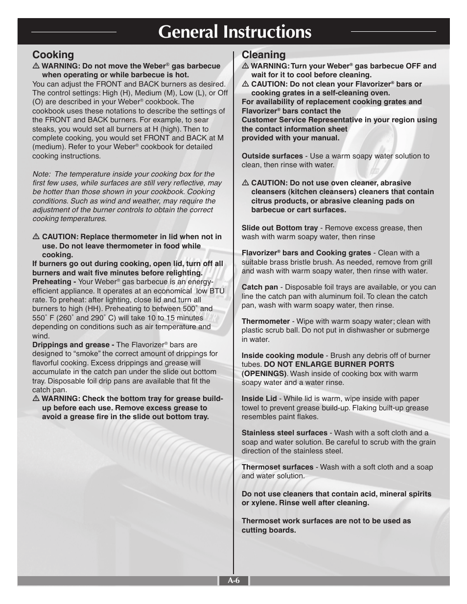 General instructions, Cooking, Cleaning | weber 55554 User Manual | Page 6 / 29