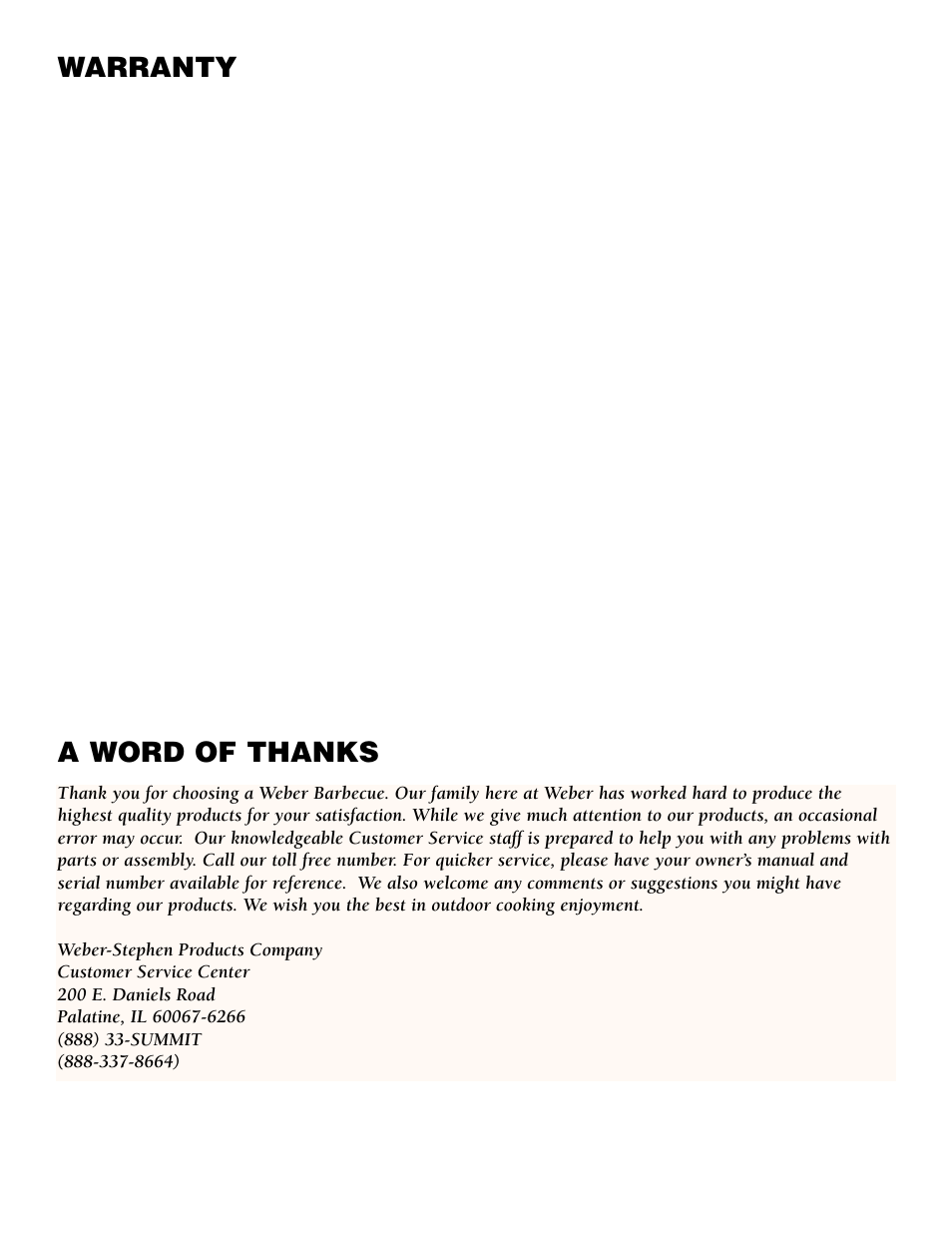 Warranty, A word of thanks | weber 450 User Manual | Page 4 / 16