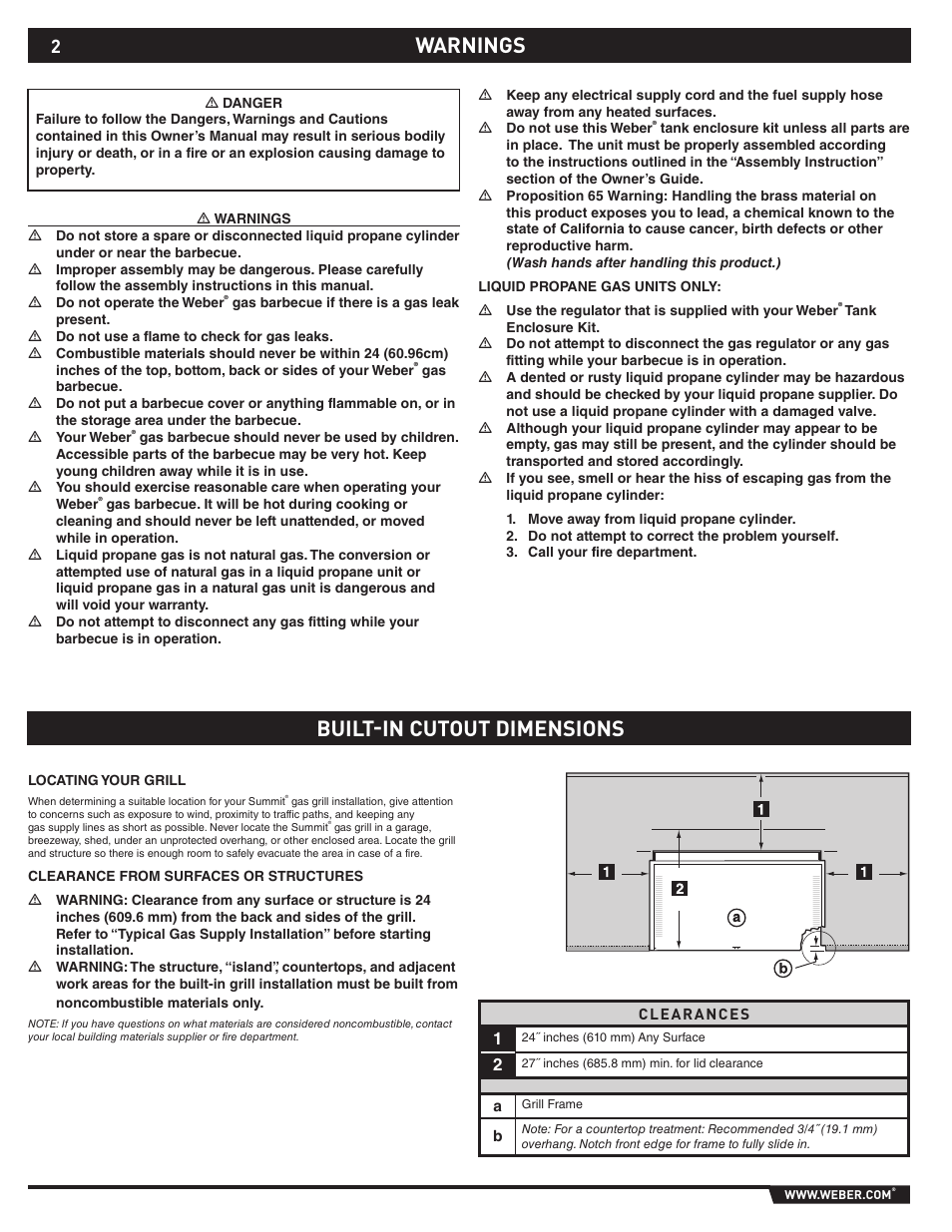 Warnings built-in cutout dimensions | weber S-660TM User Manual | Page 2 / 32