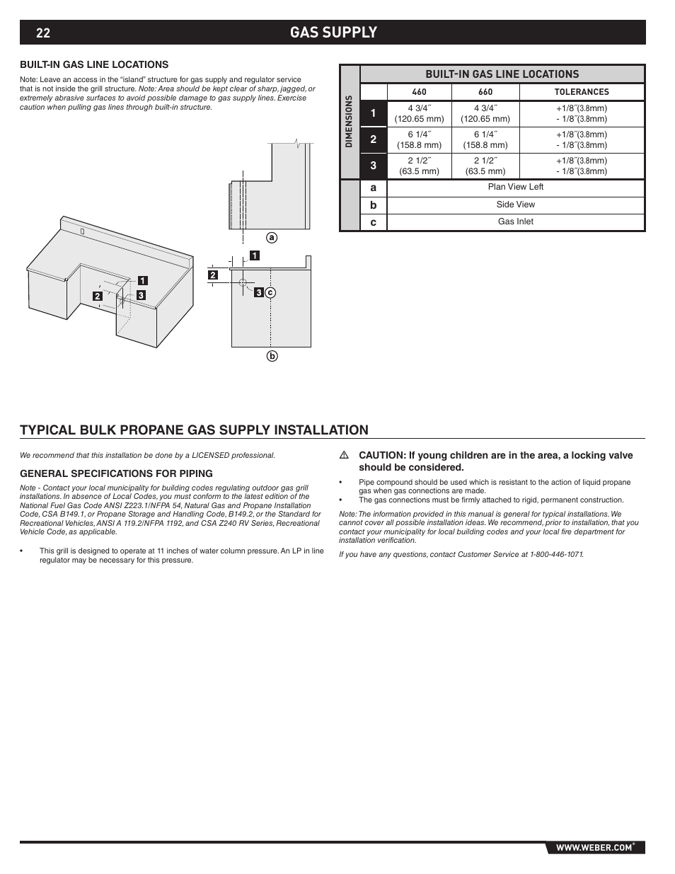 Gas supply, Typical bulk propane gas supply installation | weber S-660TM User Manual | Page 22 / 32