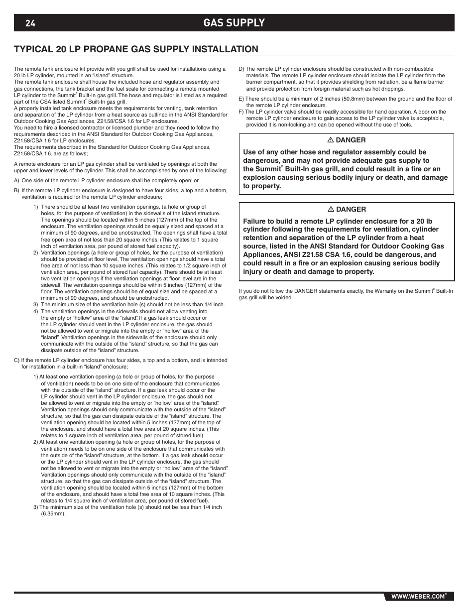 Gas supply, Typical 20 lp propane gas supply installation | weber S-660TM User Manual | Page 24 / 32