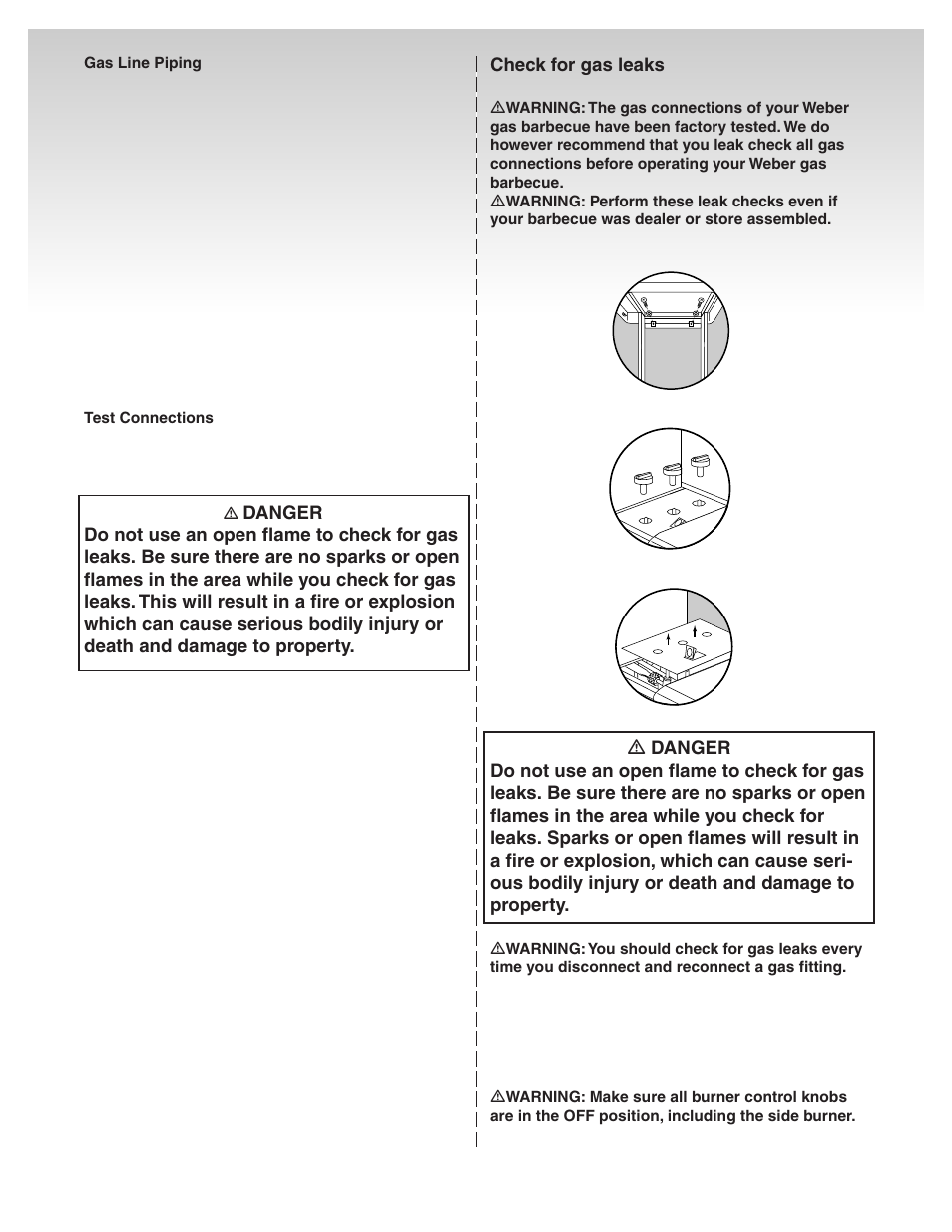 Gas line piping, Check for gas leaks | weber Genesis Platinum C User Manual | Page 15 / 30