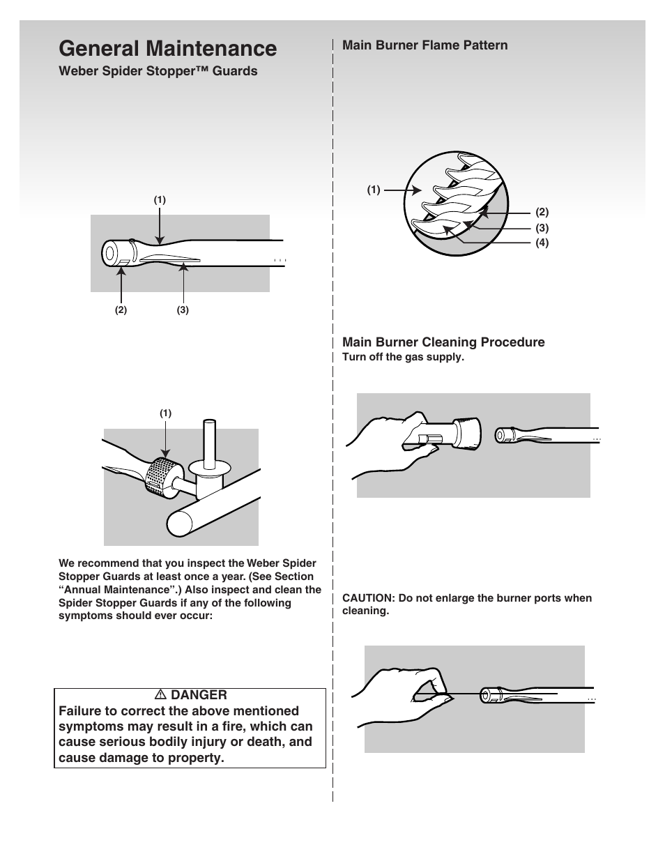General maintenance, Main burner flame pattern, Main burner cleaning procedure | weber Genesis Platinum C User Manual | Page 24 / 30