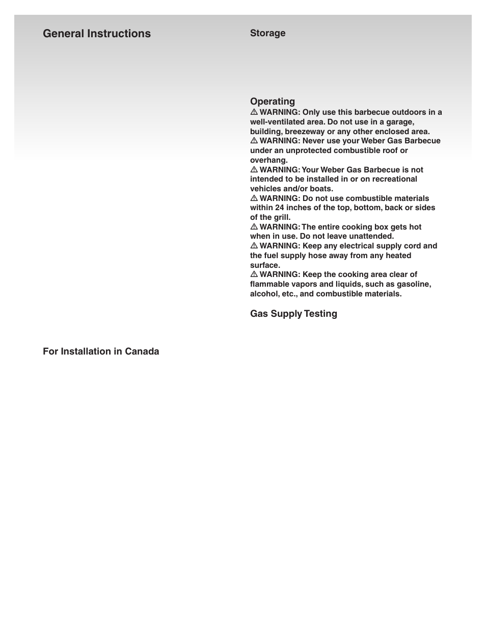 General instructions, Storage, Operating | Gas supply testing, For installation in canada | weber Genesis Platinum C User Manual | Page 5 / 30