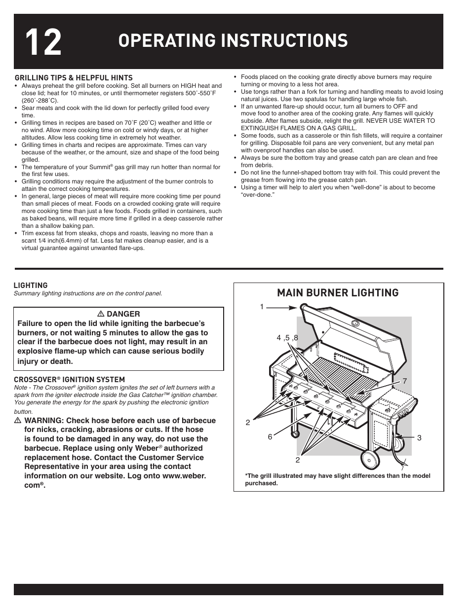 Operating instructions, Main burner lighting | weber SUMMIT User Manual | Page 12 / 32