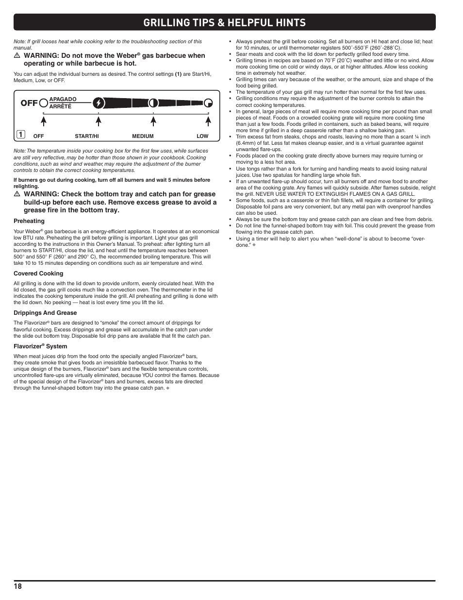 Grilling tips & helpful hints, M warning: do not move the weber | weber Summit 56214 User Manual | Page 18 / 84