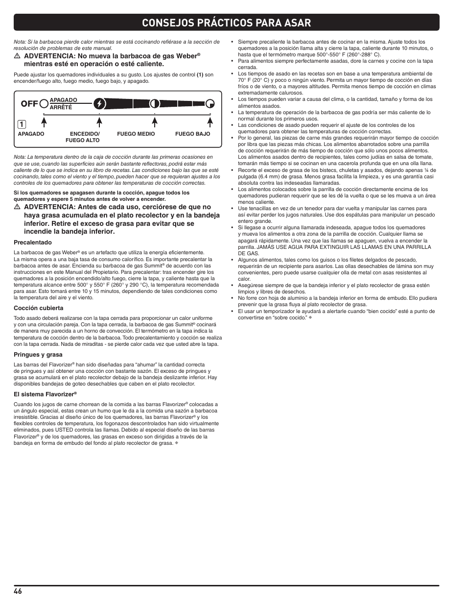 Consejos prácticos para asar, M advertencia: no mueva la barbacoa de gas weber, Mientras esté en operación o esté caliente | weber Summit 56214 User Manual | Page 46 / 84