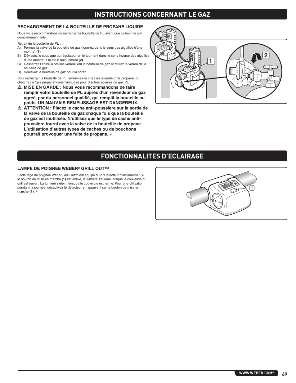 Instructions concernant le gaz, Fonctionnalites d’eclairage | weber Summit 56214 User Manual | Page 69 / 84