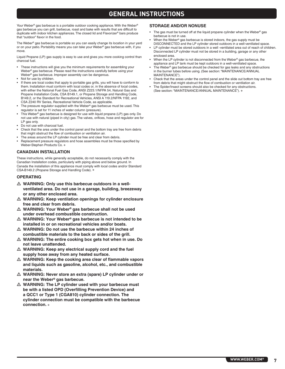 General instructions, Canadian installation, Storage and/or nonuse | weber Summit 56214 User Manual | Page 7 / 84