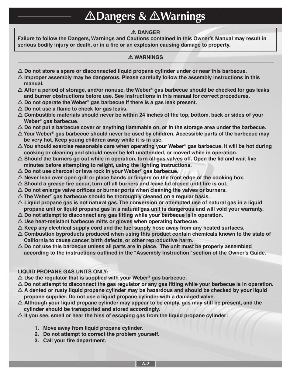 Ƽ dangers & ƽ warnings | weber 55548 User Manual | Page 2 / 25