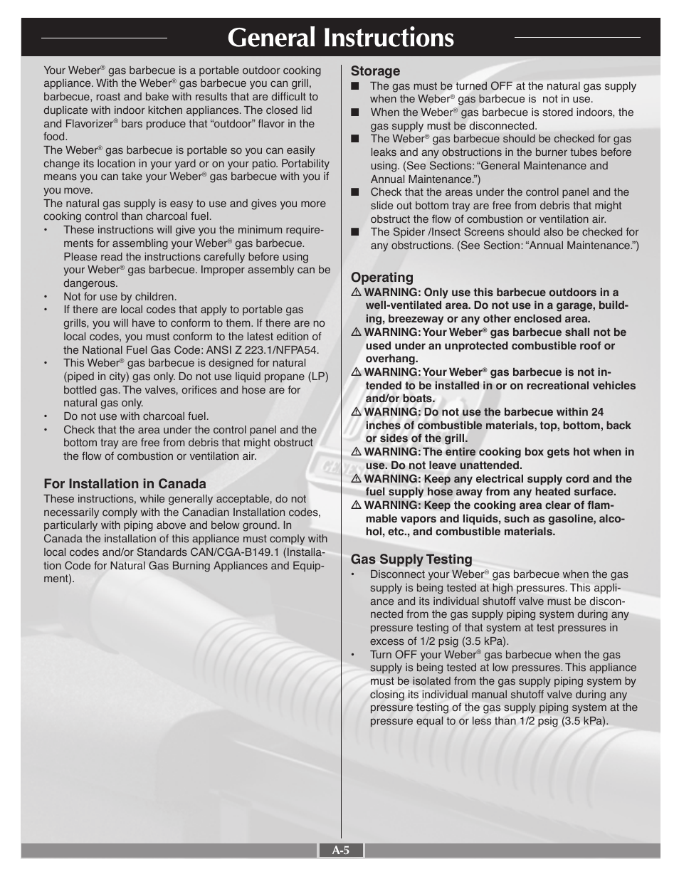 General instructions, For installation in canada, Operating | Gas supply testing, Storage | weber 55548 User Manual | Page 5 / 25