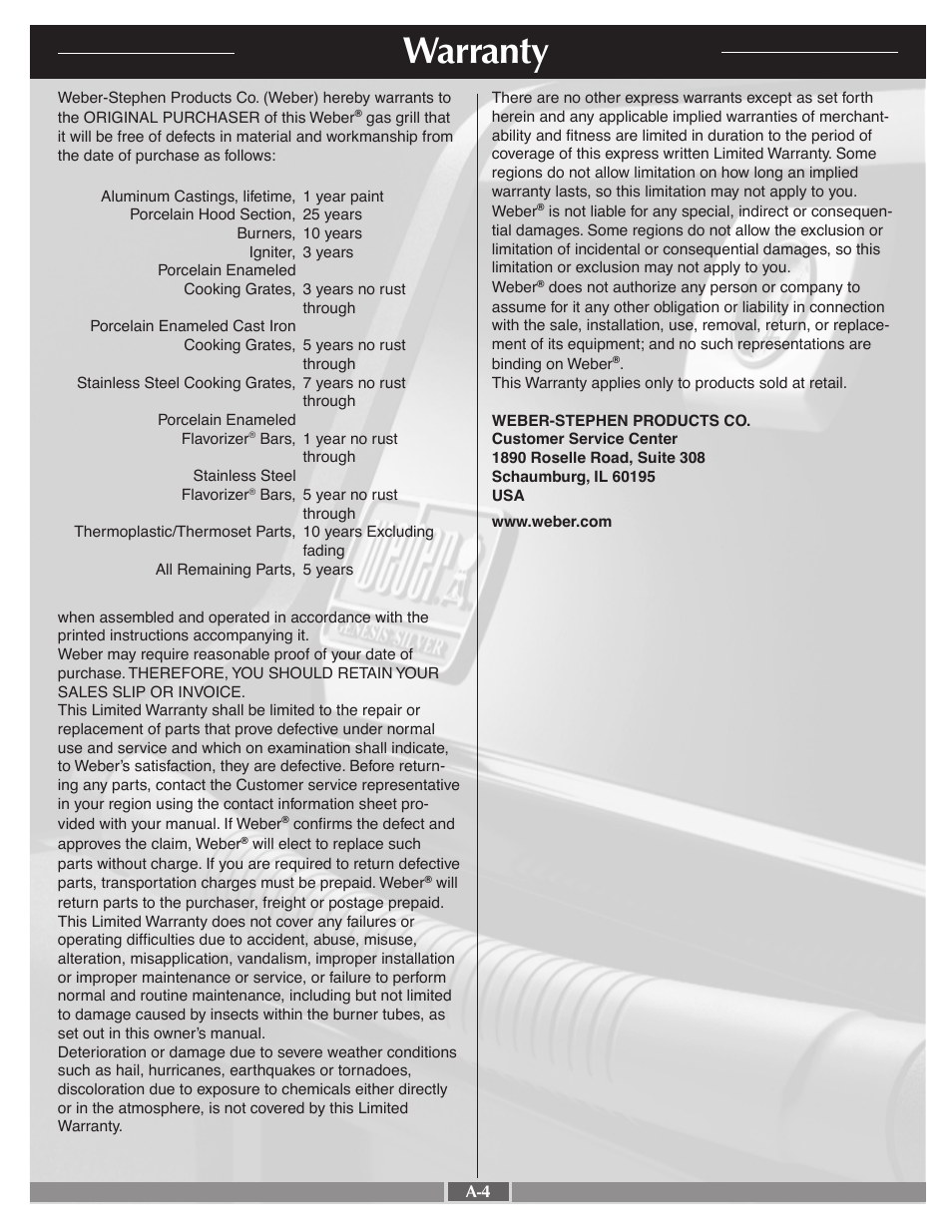 Warranty | weber 55768 User Manual | Page 4 / 29
