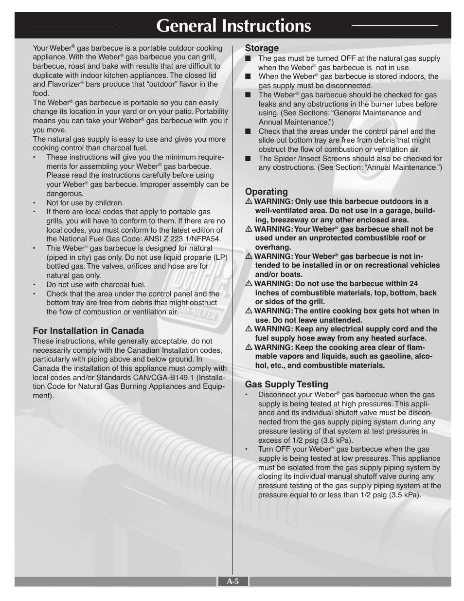General instructions, For installation in canada, Operating | Gas supply testing, Storage | weber 55768 User Manual | Page 5 / 29