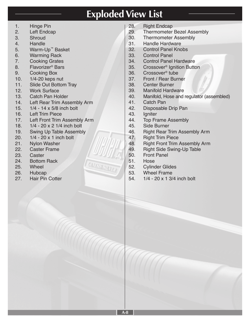 Exploded view list | weber 55768 User Manual | Page 8 / 29