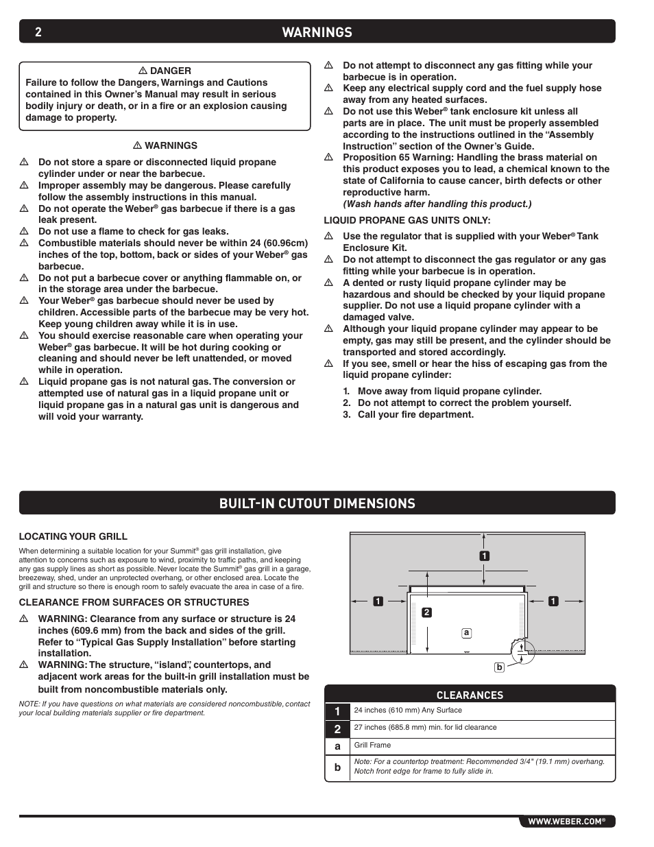 Warnings built-in cutout dimensions | weber Summit 43270 User Manual | Page 2 / 28