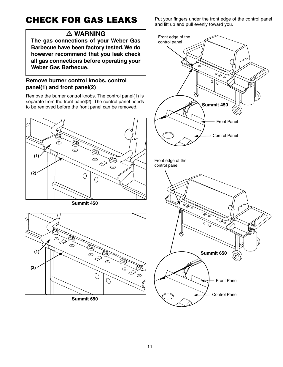 Check for gas leaks, Ƽ warning | weber SUMMIT 650 User Manual | Page 11 / 20