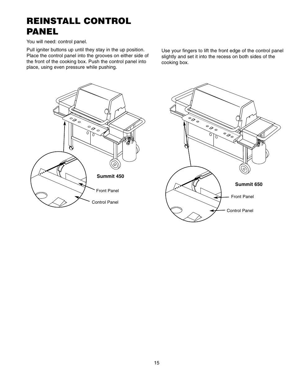 Reinstall control panel | weber SUMMIT 650 User Manual | Page 15 / 20