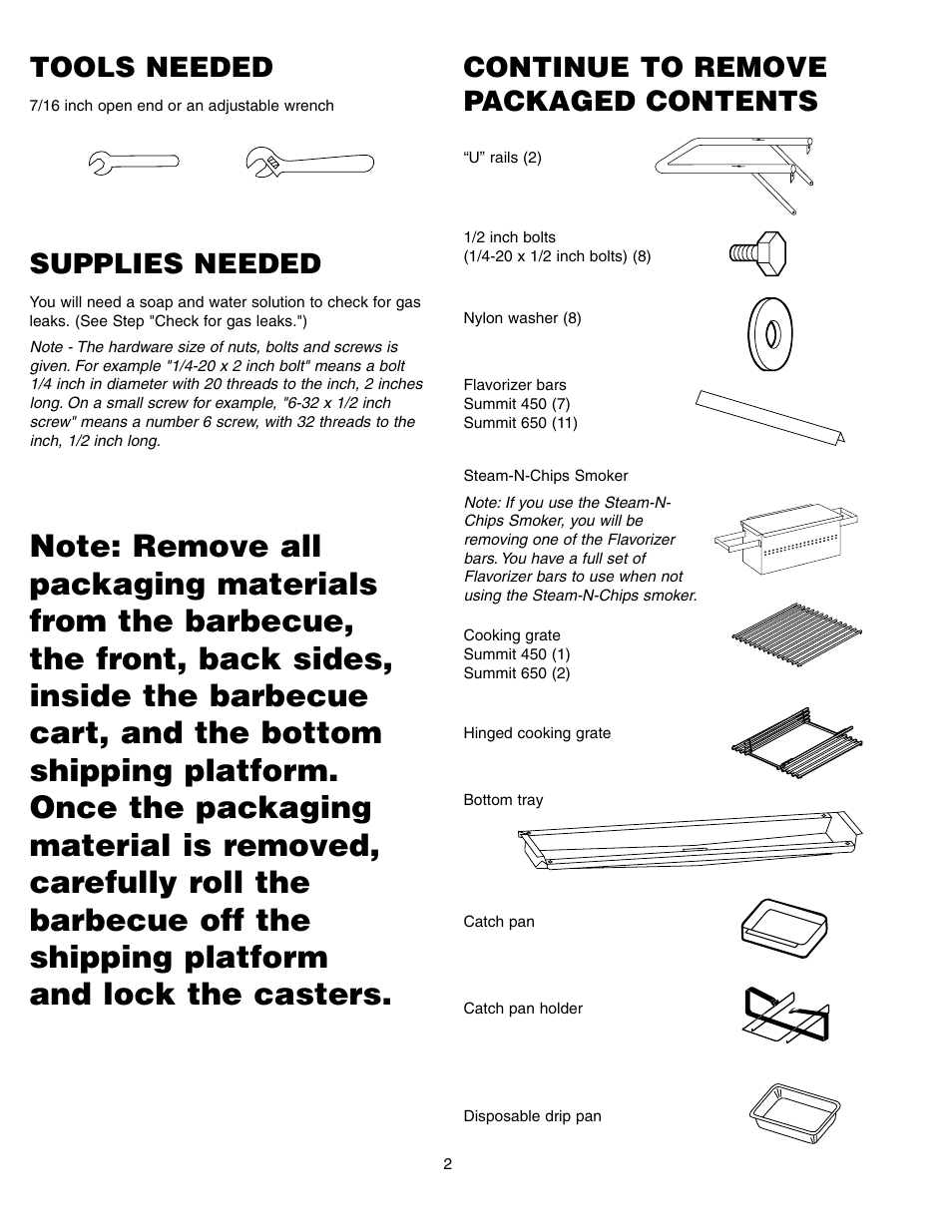 Continue to remove packaged contents, Tools needed supplies needed | weber SUMMIT 650 User Manual | Page 2 / 20