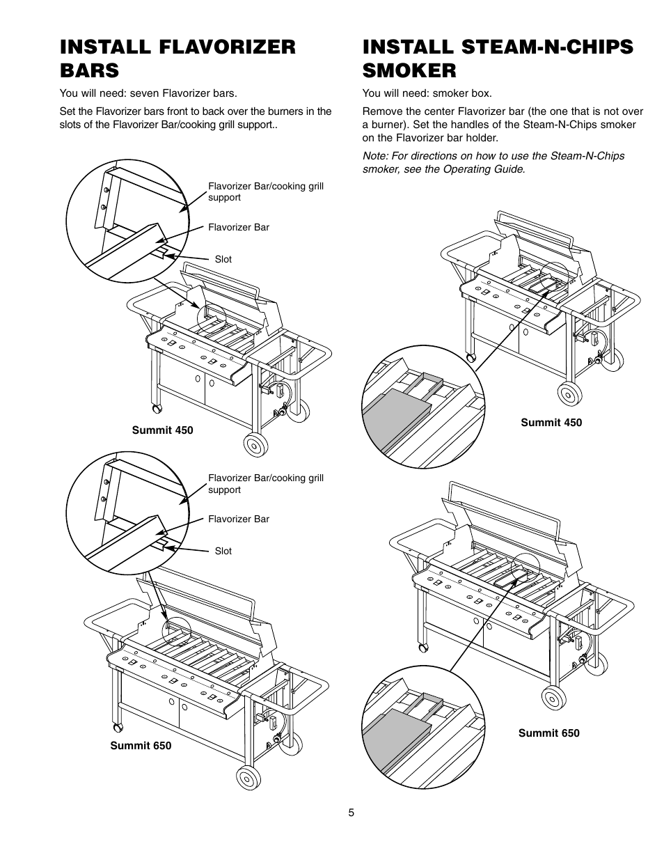 Install steam-n-chips smoker, Install flavorizer bars | weber SUMMIT 650 User Manual | Page 5 / 20