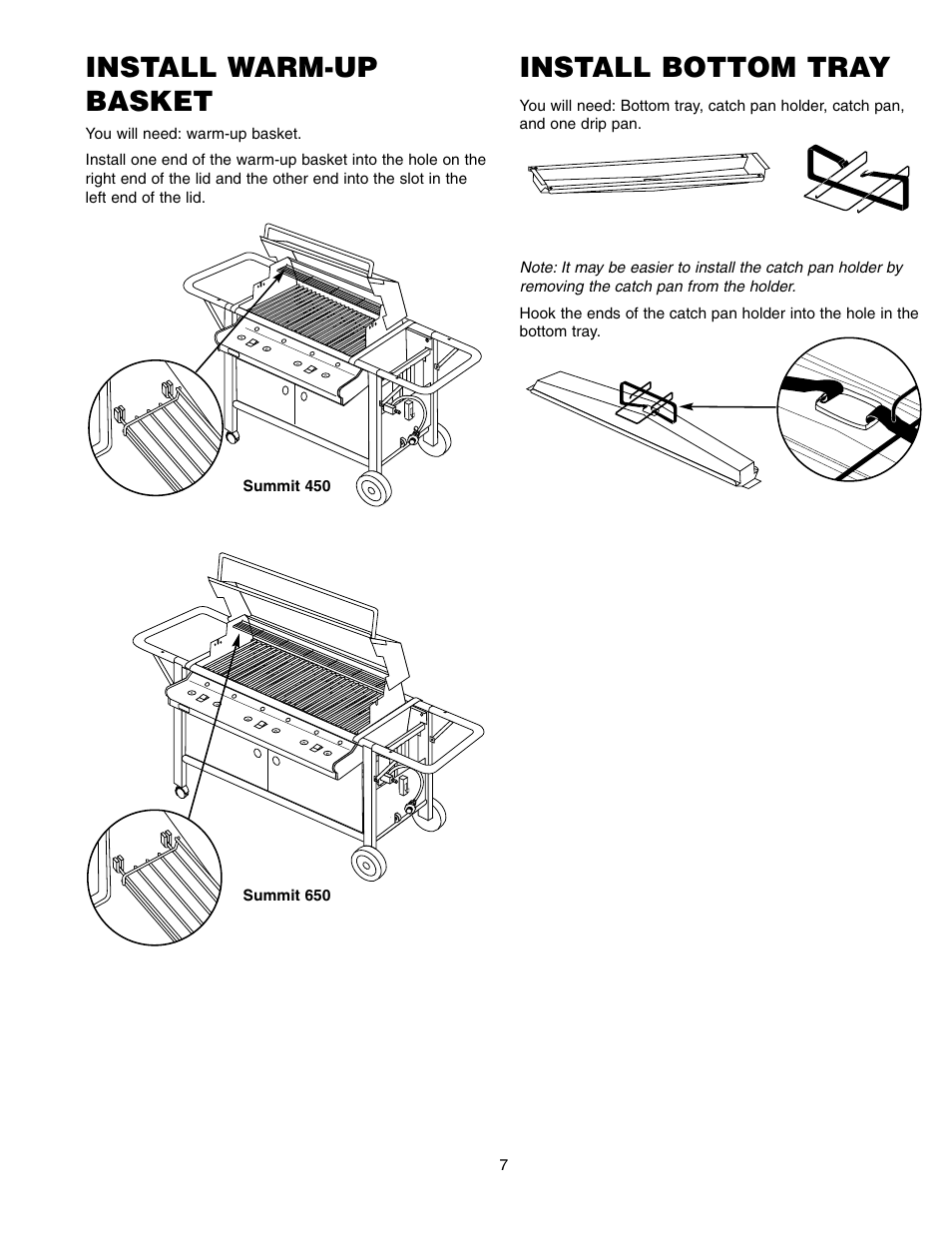 Install warm-up basket, Install bottom tray | weber SUMMIT 650 User Manual | Page 7 / 20