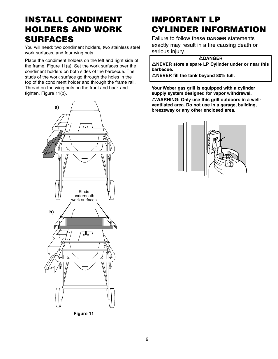 Install condiment holders and work surfaces, Important lp cylinder information | weber SUMMIT 650 User Manual | Page 9 / 20