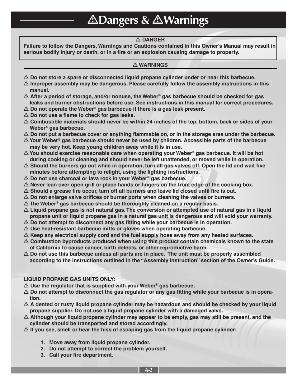 Ƽ dangers & ƽ warnings | weber Silver B User Manual | Page 2 / 26