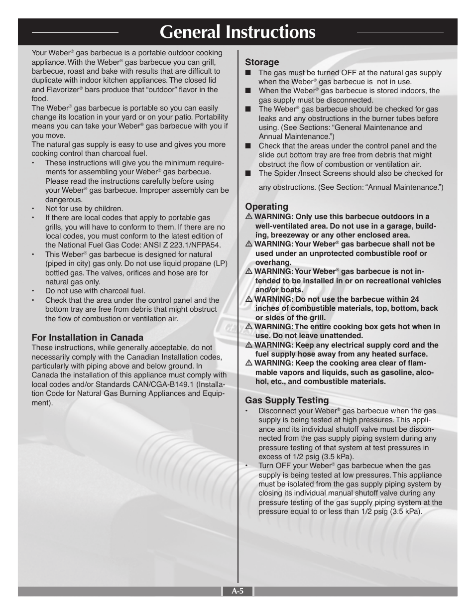 General instructions, For installation in canada, Operating | Gas supply testing, Storage | weber Silver B User Manual | Page 5 / 26
