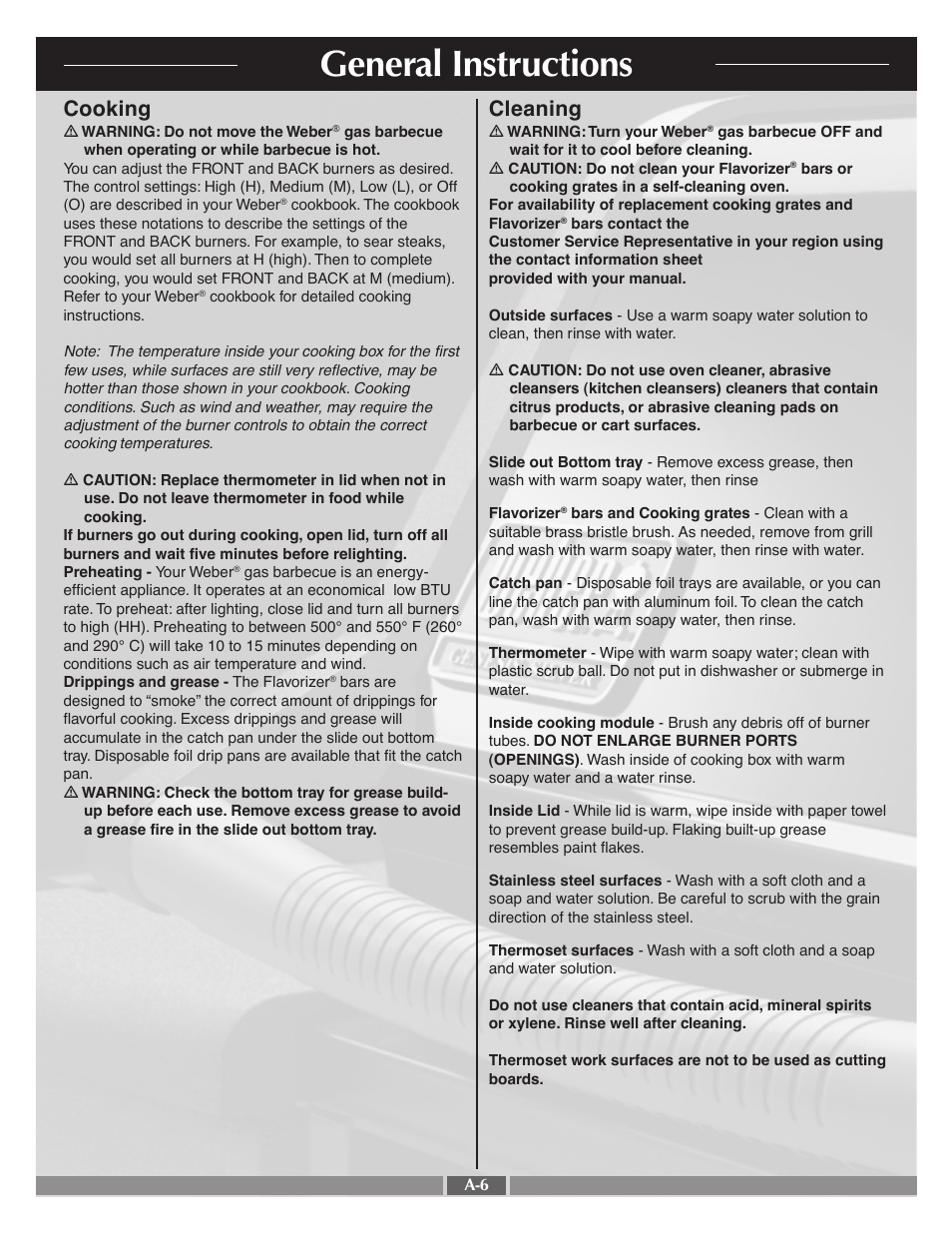 General instructions, Cooking, Cleaning | weber Silver B User Manual | Page 6 / 26