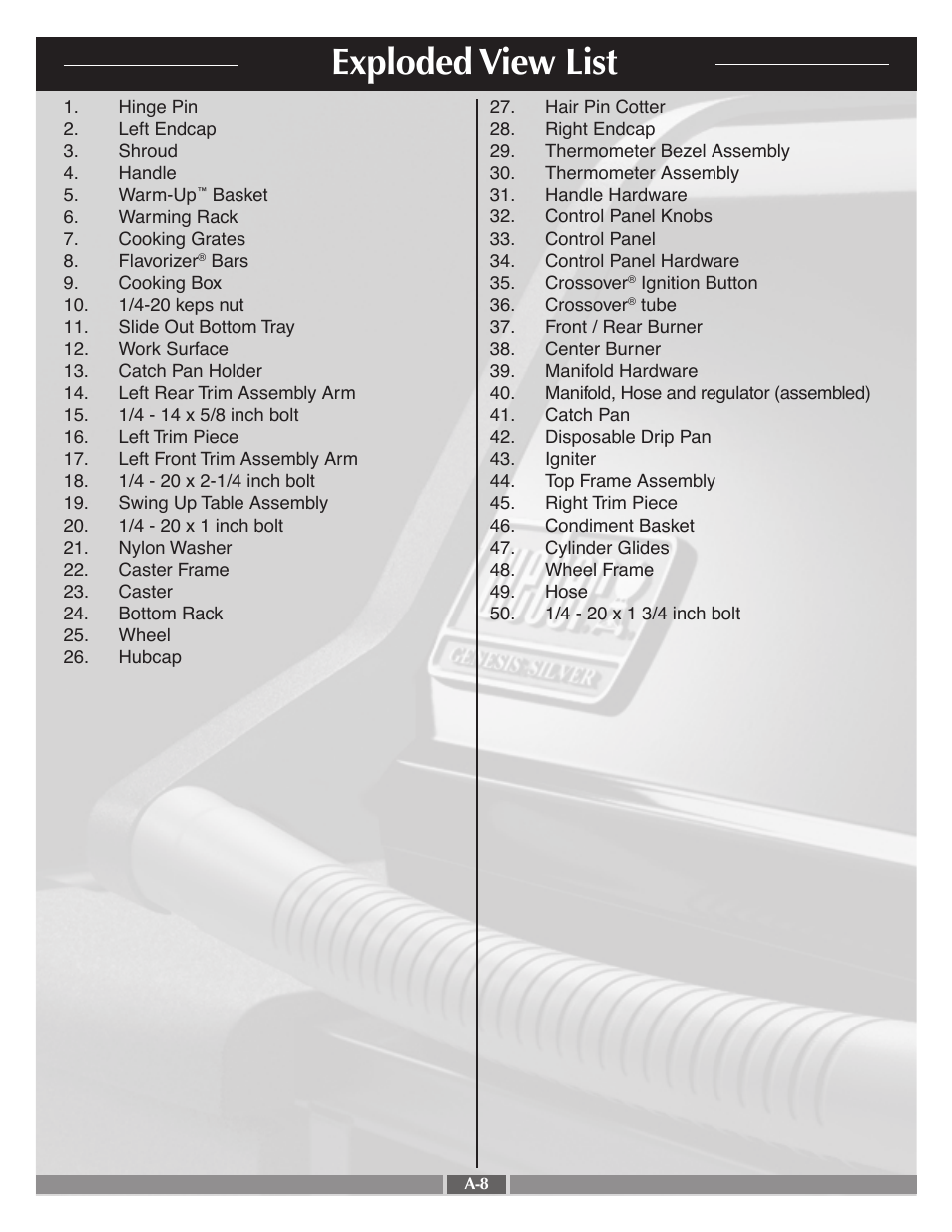 Exploded view list | weber Silver B User Manual | Page 8 / 26