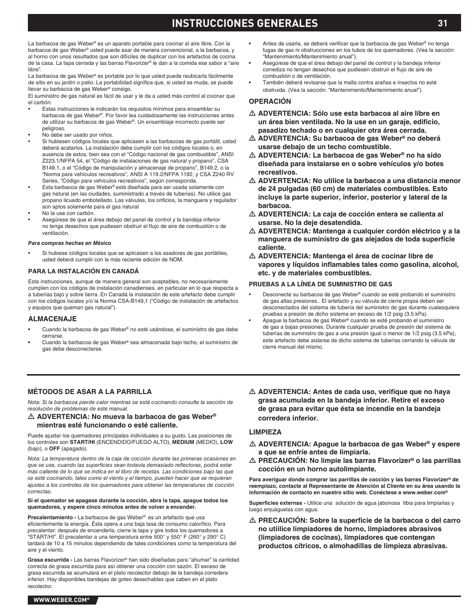 Instrucciones generales, Almacenaje, Métodos de asar a la parrilla | M advertencia: no mueva la barbacoa de gas weber, Mientras esté funcionando o esté caliente, O las parrillas cocción en un horno autolimpiante | weber S-620TM User Manual | Page 31 / 76
