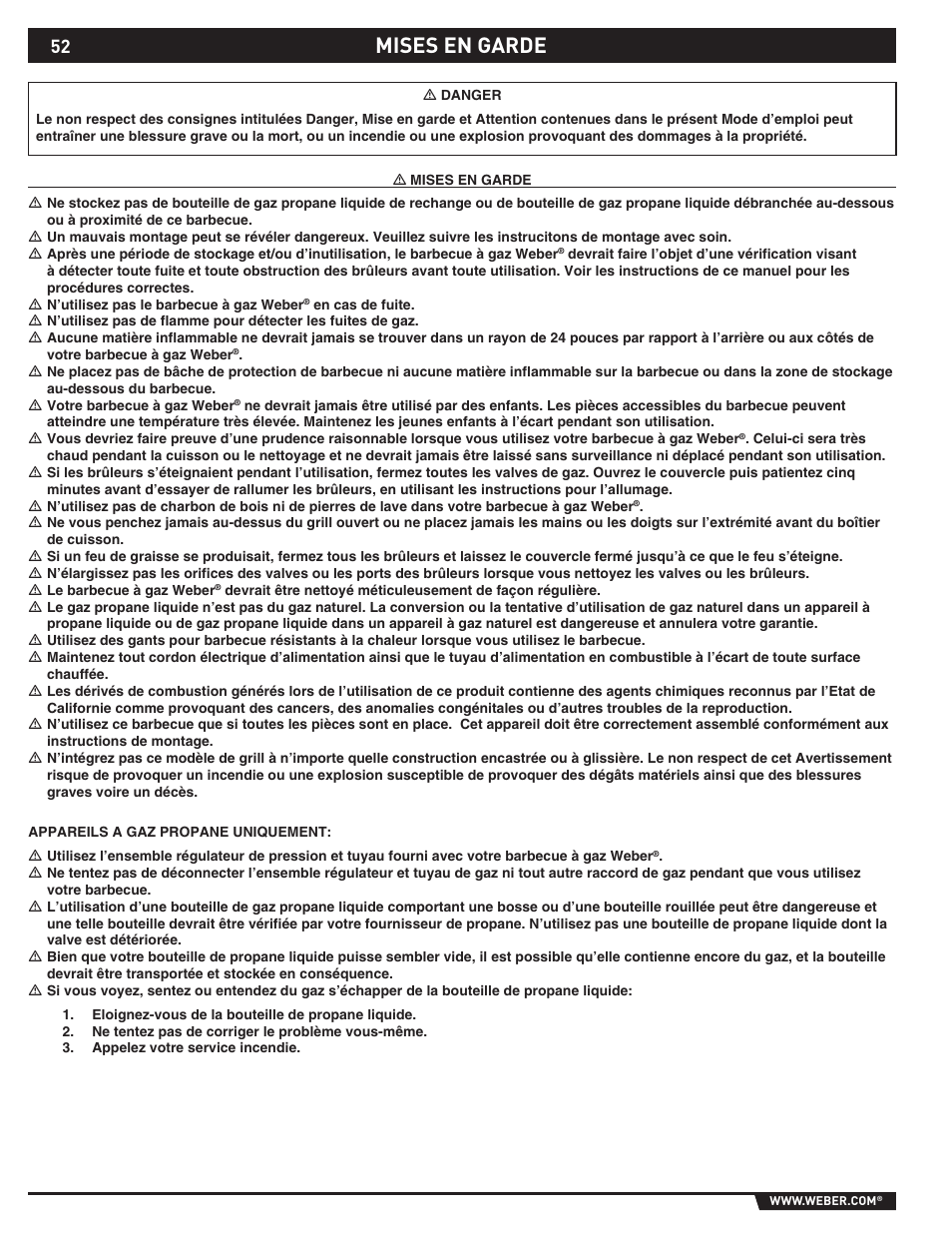Mises en garde | weber S-620TM User Manual | Page 52 / 76