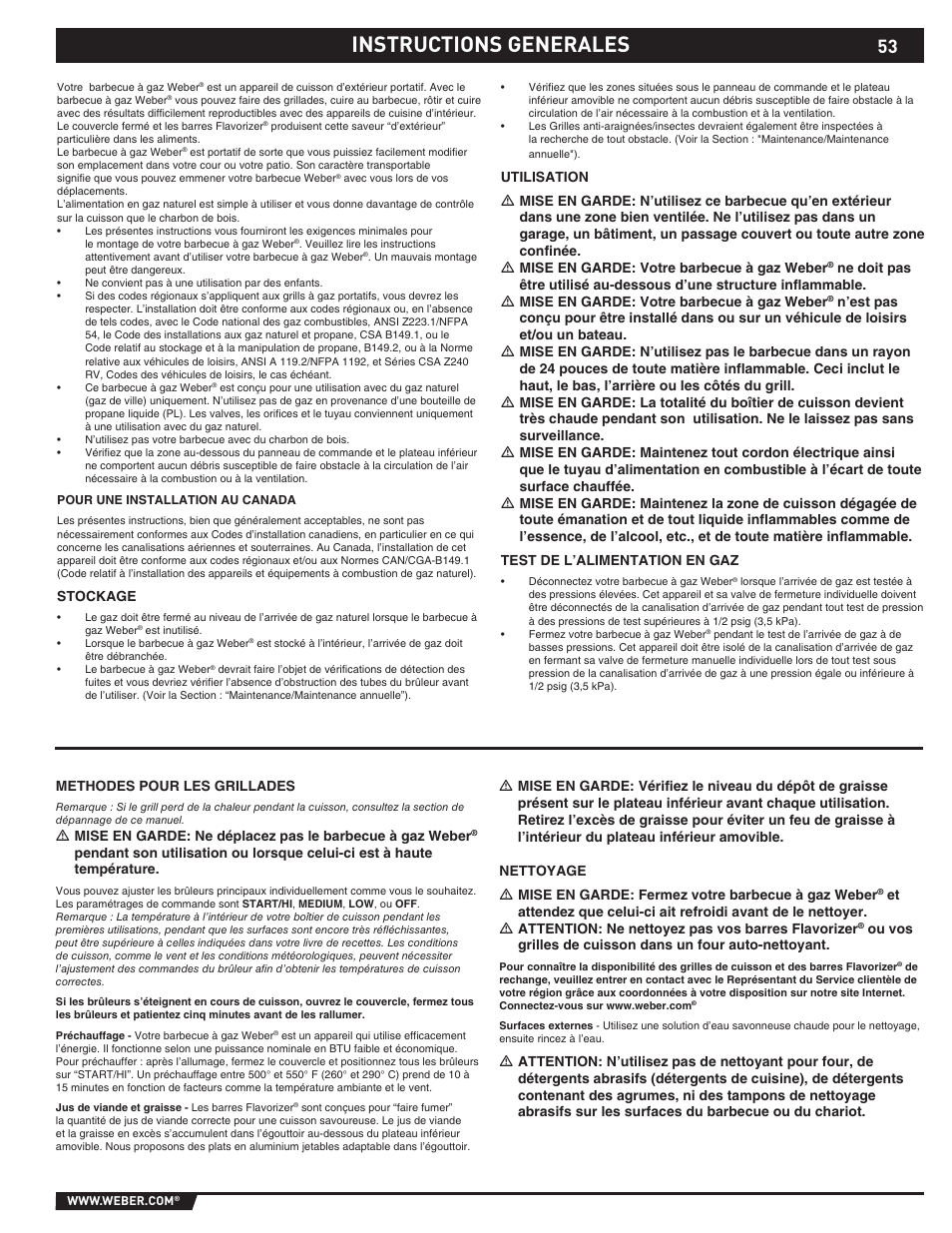 Dangers and warnings, Instructions generales | weber S-620TM User Manual | Page 53 / 76