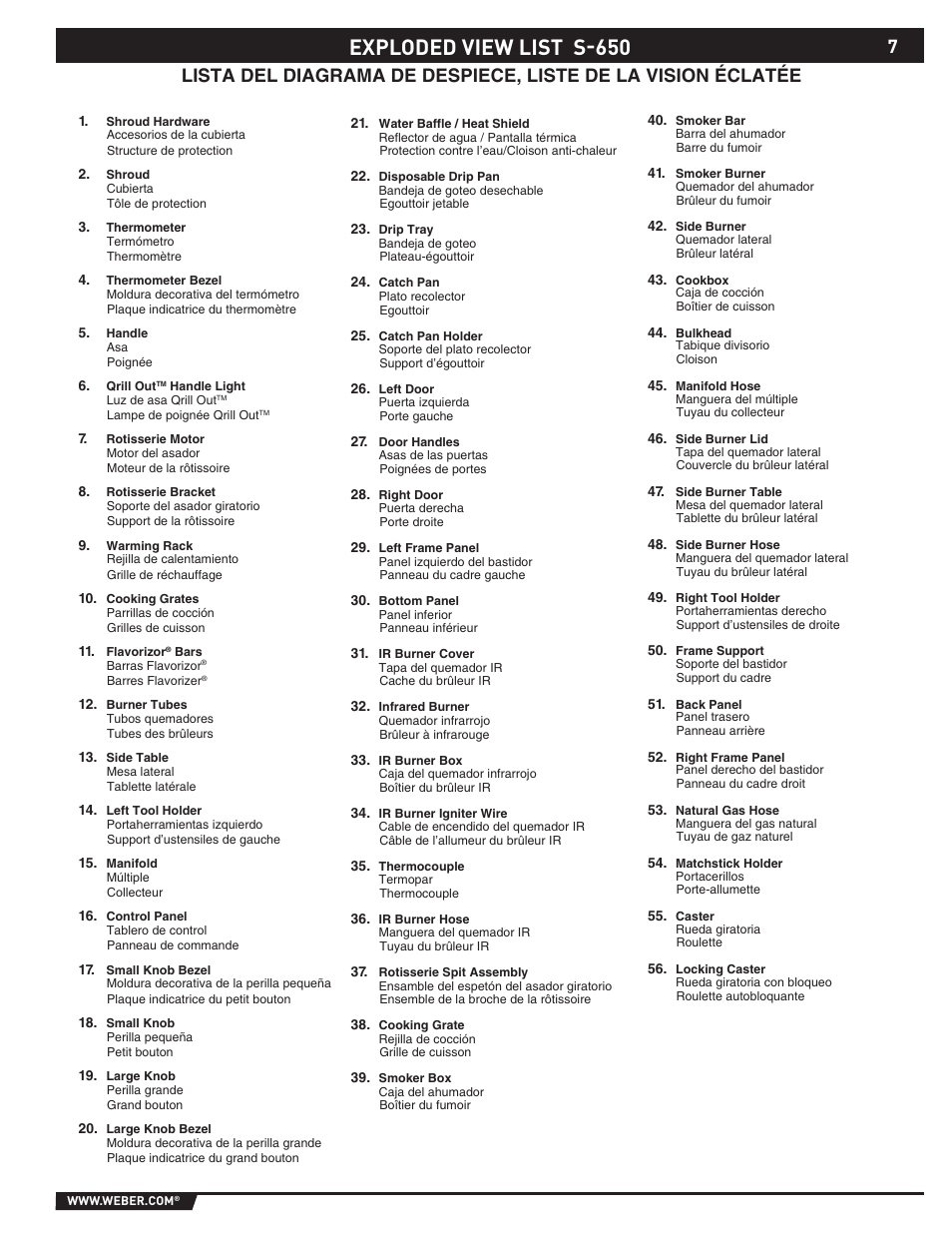 Exploded view list s-650 | weber S-620TM User Manual | Page 7 / 76