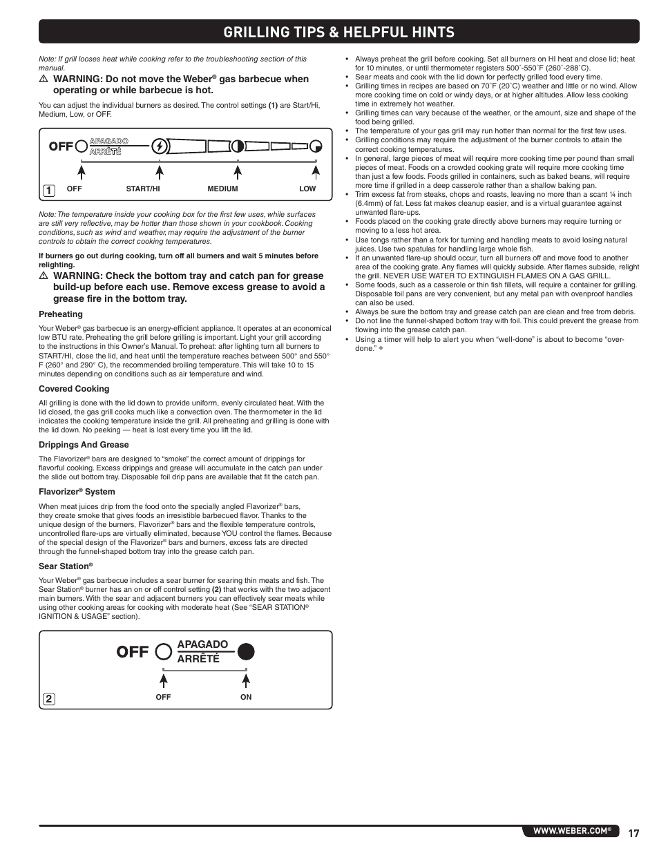 Grilling tips & helpful hints, M warning: do not move the weber, Arrêté apagado | weber Summit E 470 User Manual | Page 17 / 108