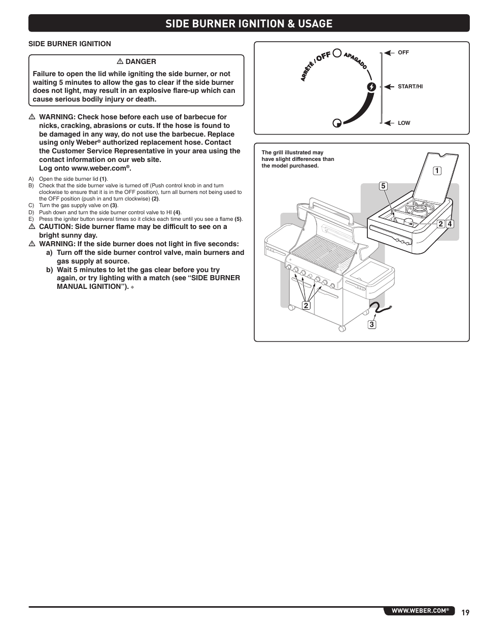 Side burner ignition & usage | weber Summit E 470 User Manual | Page 19 / 108