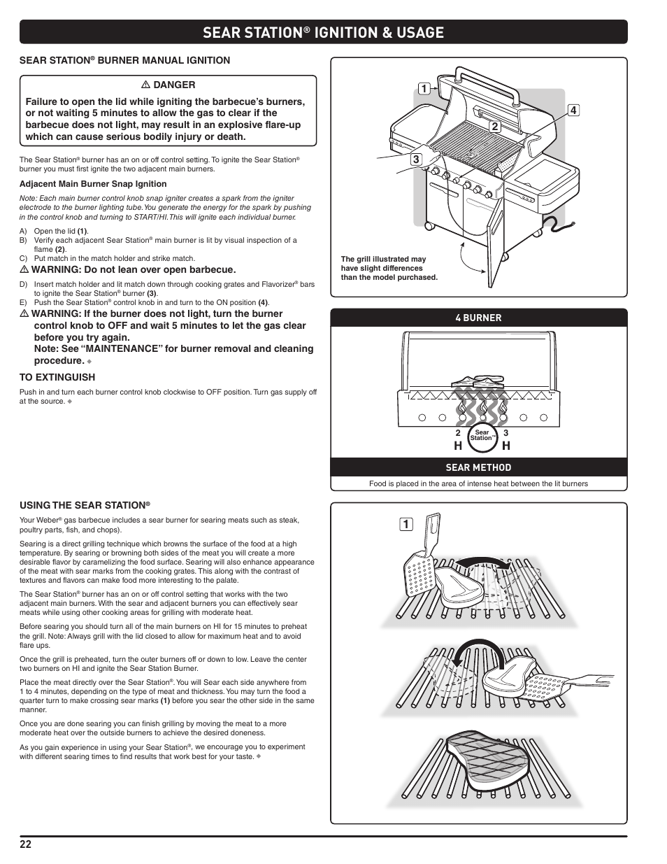 Sear station, Ignition & usage | weber Summit E 470 User Manual | Page 22 / 108