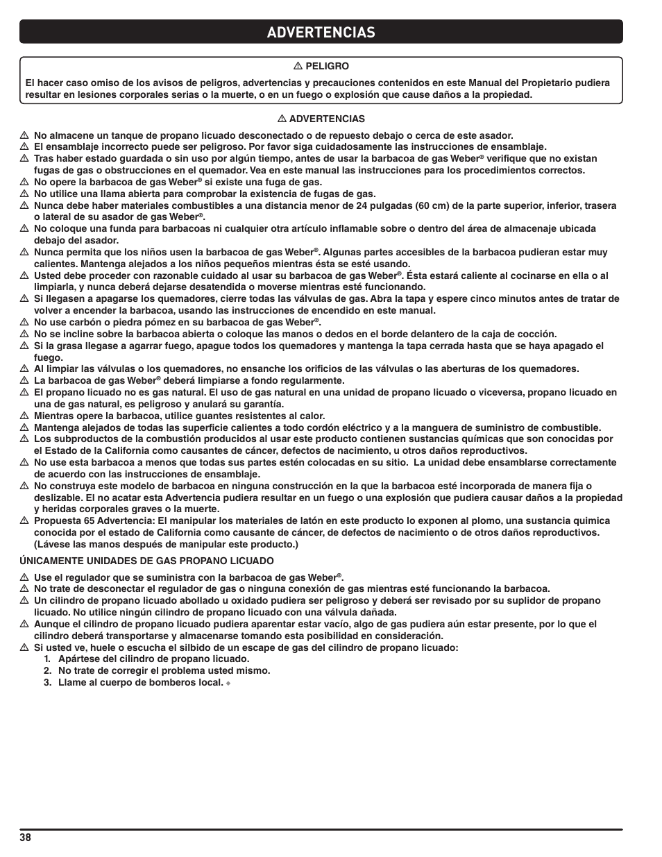 Advertencias | weber Summit E 470 User Manual | Page 38 / 108