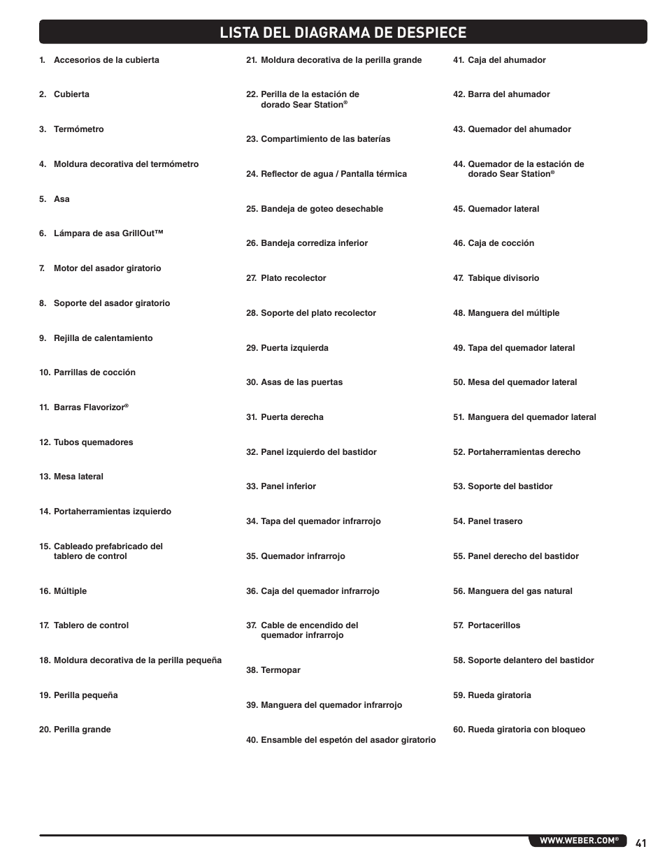 Lista del diagrama de despiece | weber Summit E 470 User Manual | Page 41 / 108