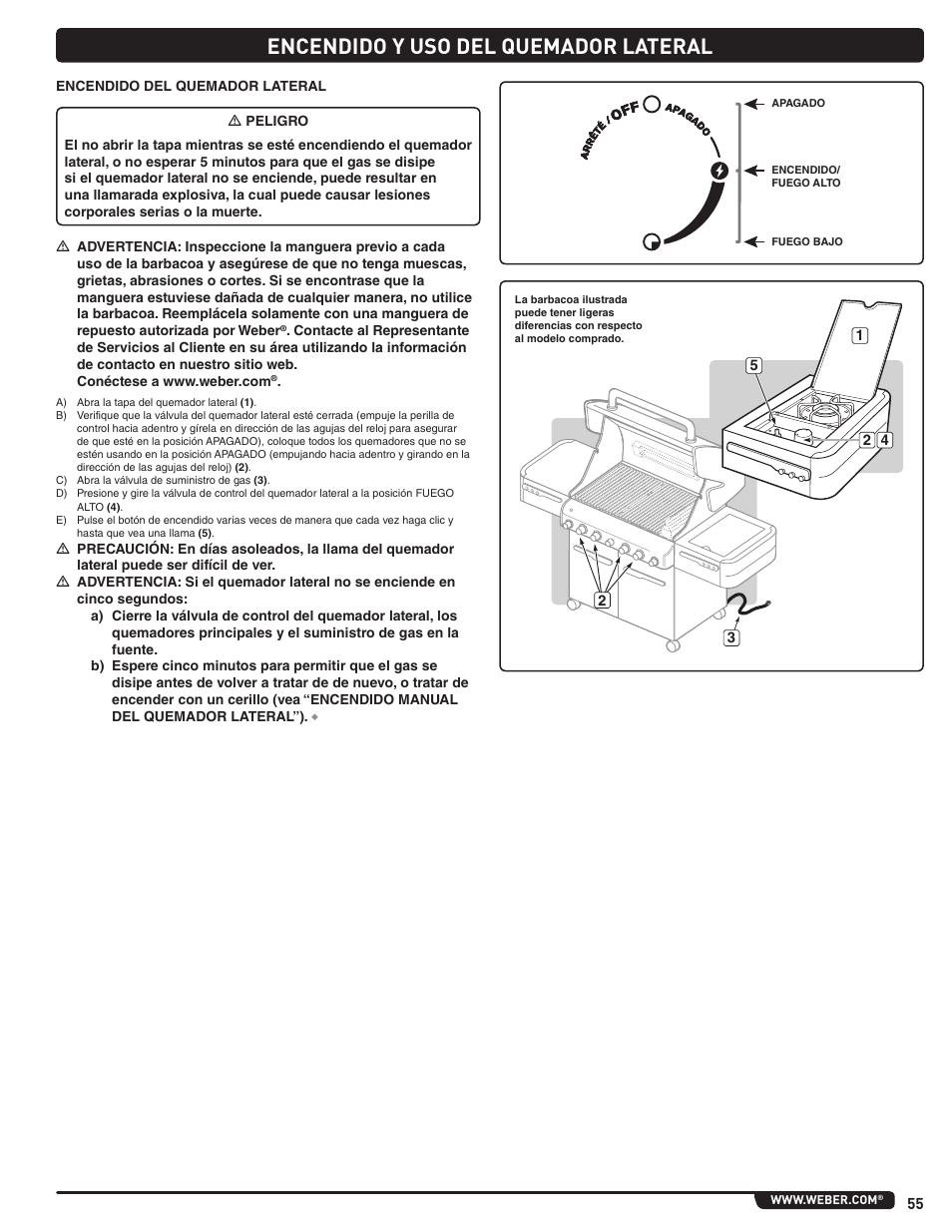 Encendido y uso del quemador lateral | weber Summit E 470 User Manual | Page 55 / 108
