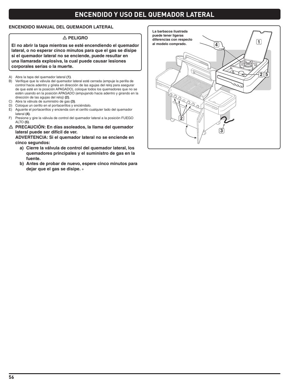 Encendido y uso del quemador lateral | weber Summit E 470 User Manual | Page 56 / 108
