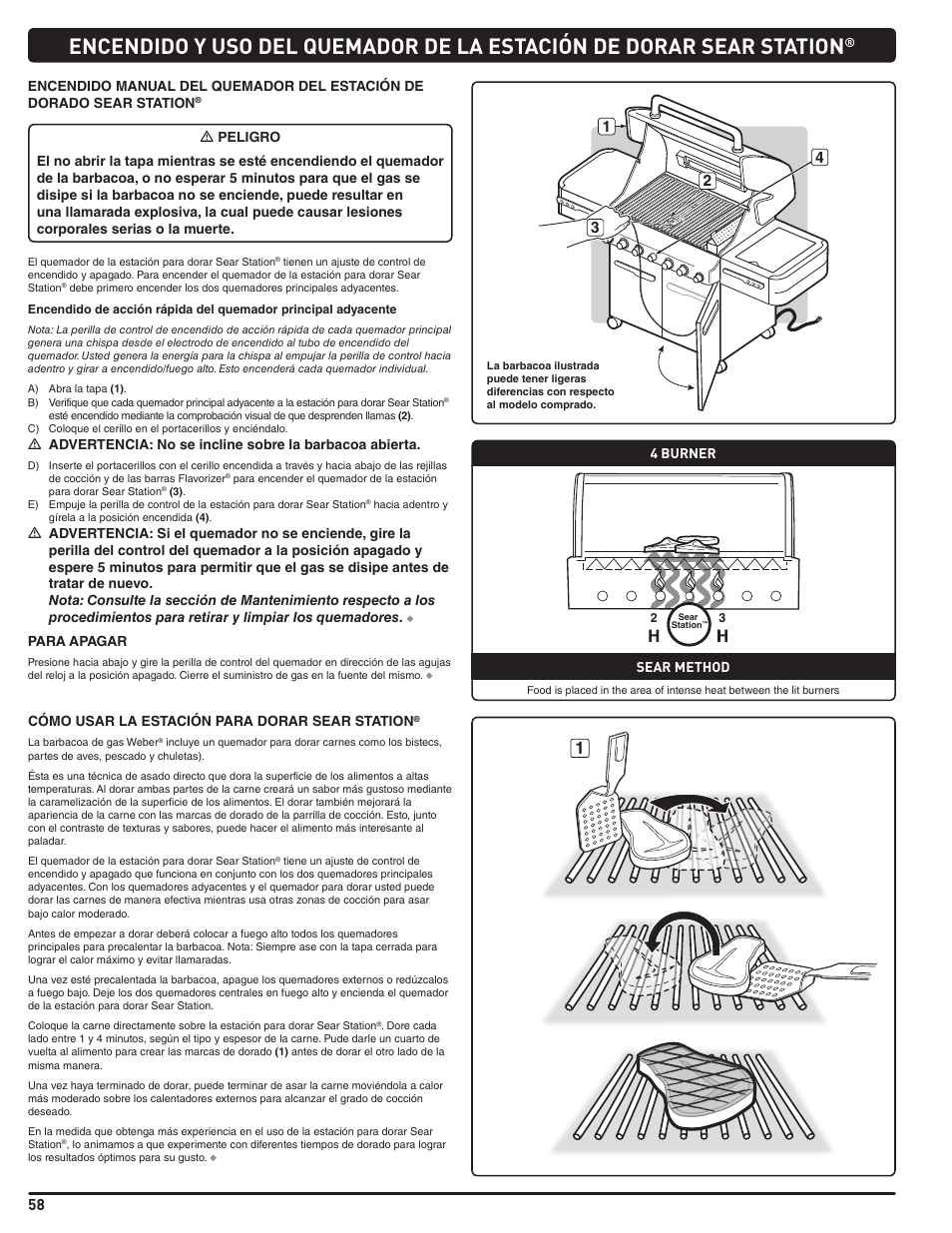 Para apagar, Cómo usar la estación para dorar sear station, 4 burner | Sear method | weber Summit E 470 User Manual | Page 58 / 108