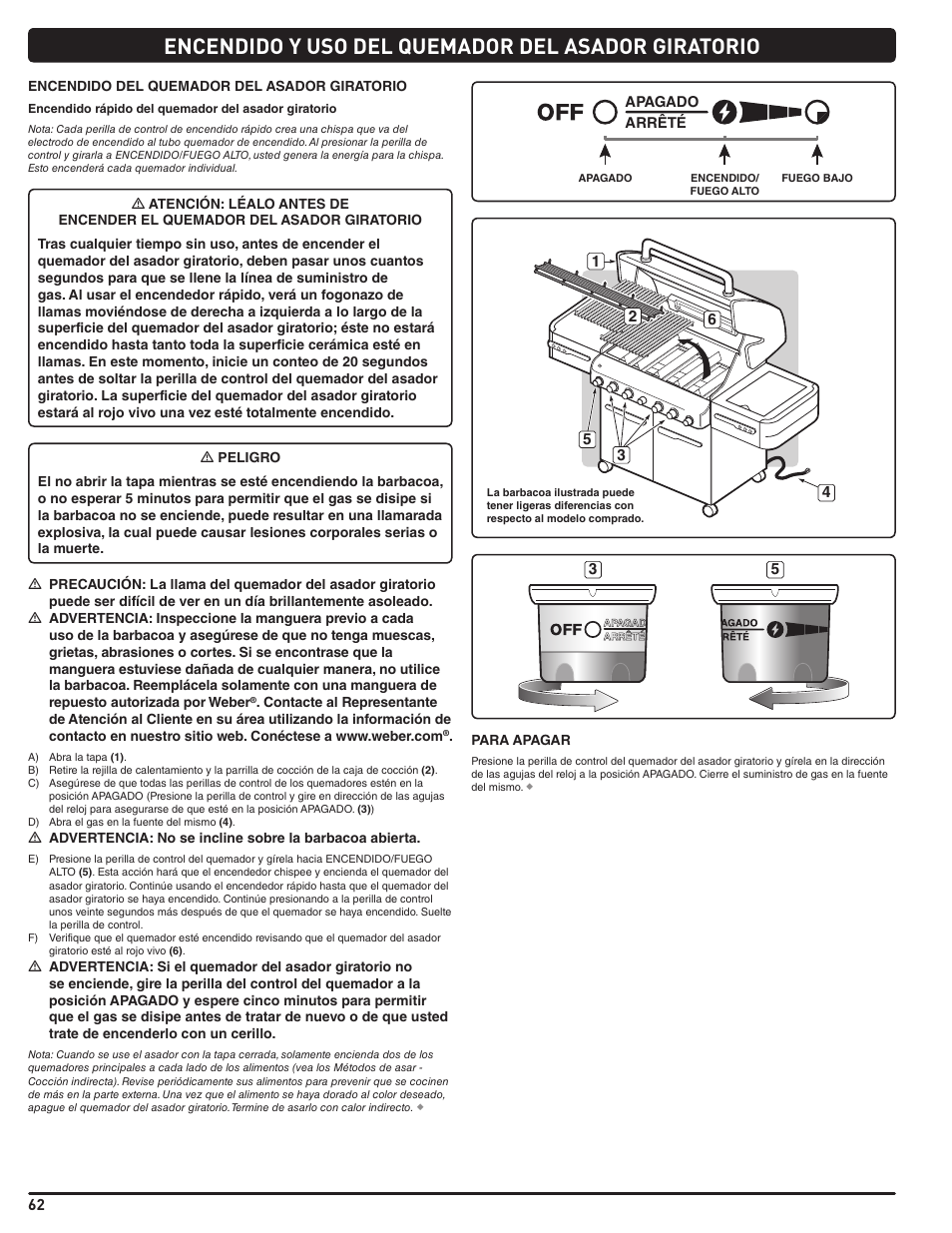 Encendido y uso del quemador del asador giratorio | weber Summit E 470 User Manual | Page 62 / 108